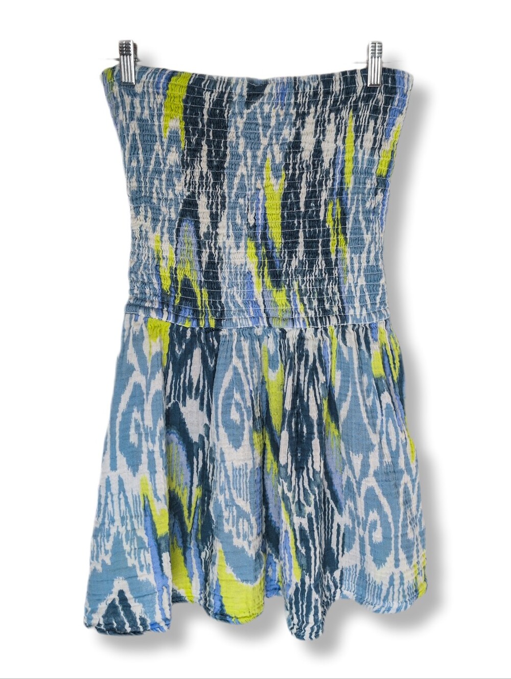By Anthropologie Reversible Smocked Strapless Mini Dress Blue Ikat XSP - Picture 4 of 10
